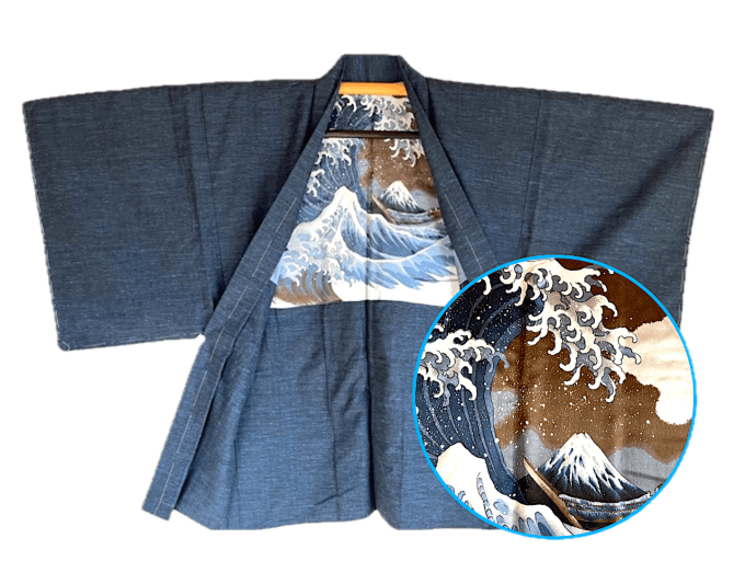 Haori japonais homme soie bleu Tsumugi La vague japonaise Nami Hokusai