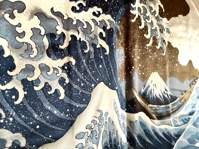 Haori japonais homme soie bleu Tsumugi La vague japonaise Nami Hokusai