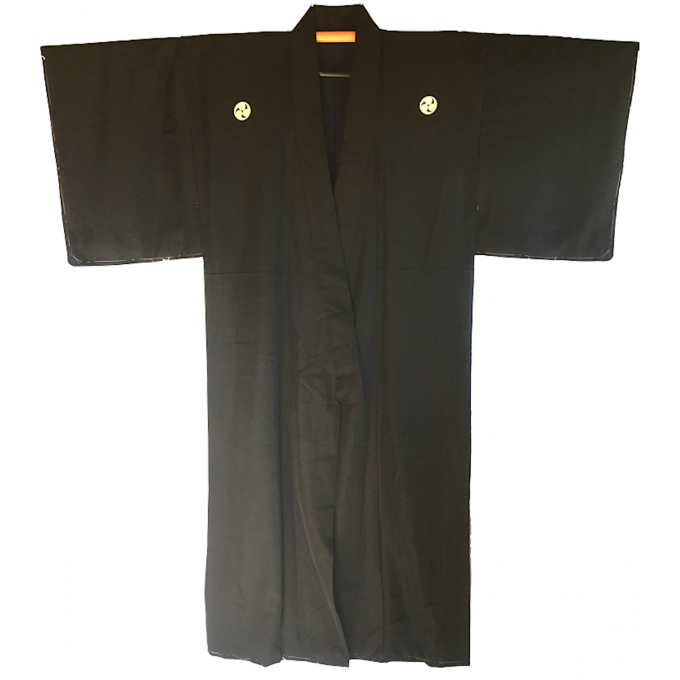 Antique kimono japonais samourai soie noire Mitsu Tomoe Montsuki homme Made in Japan 