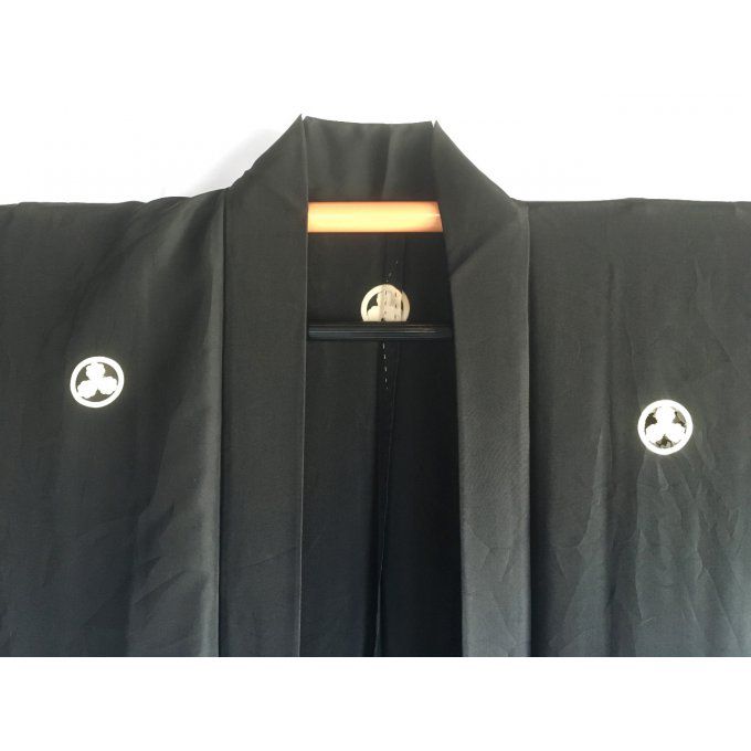 Antique veste kimono Haori soie noire Maruni Mitsu Kashiwa Montsuki homme