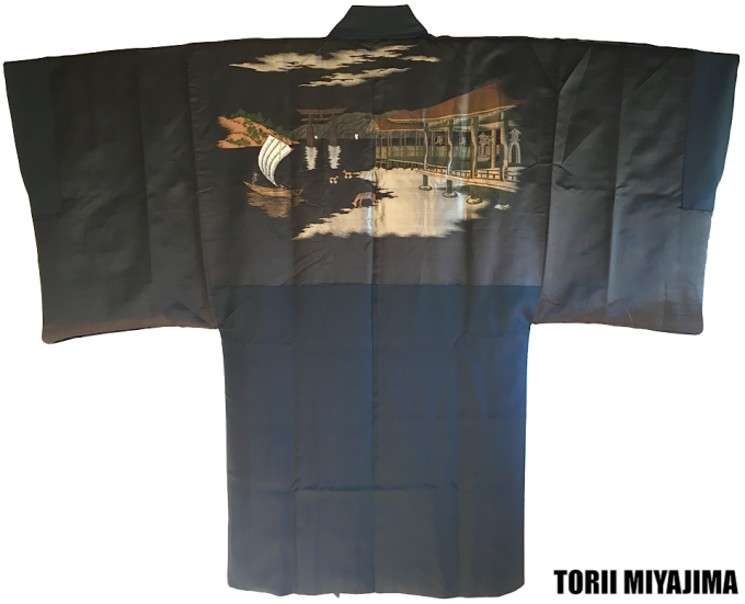 Rare luxe antique haori samourai soie noire Kamon Uchida Mokkou Torii Miyajima homme Made in Japan