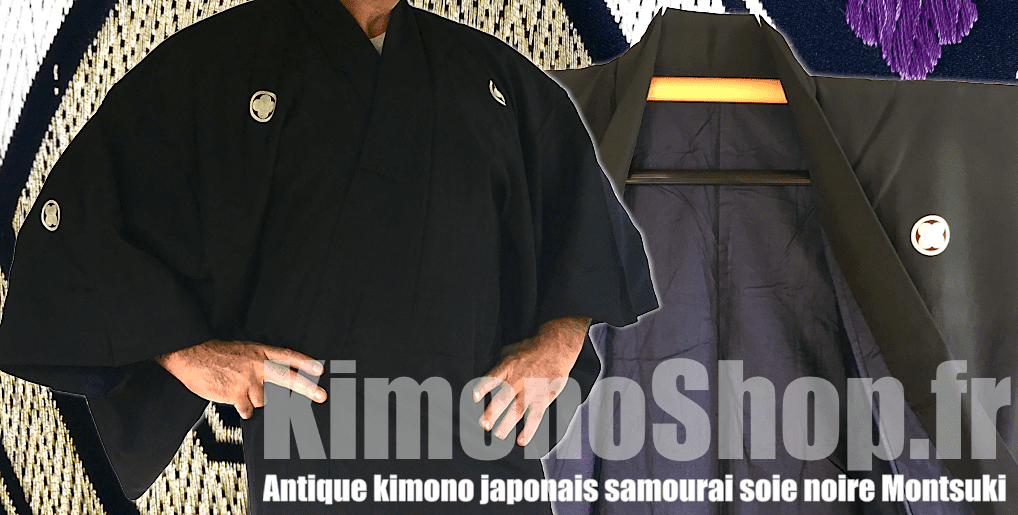 Antique kimono traditionnel japonais soie noire Montsuki homme