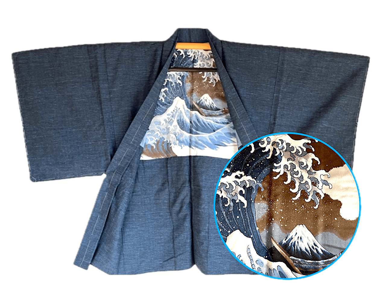 Kimono Haori Japonais Vintage Pure Soie Bleu Marine - Occasion Avec Taches