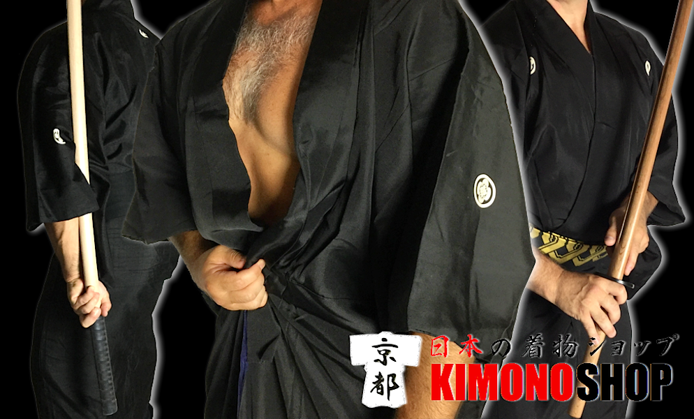 Rare antique kimono traditionnel japonais samourai Montsuki 100% soie noire pour le Iaido !