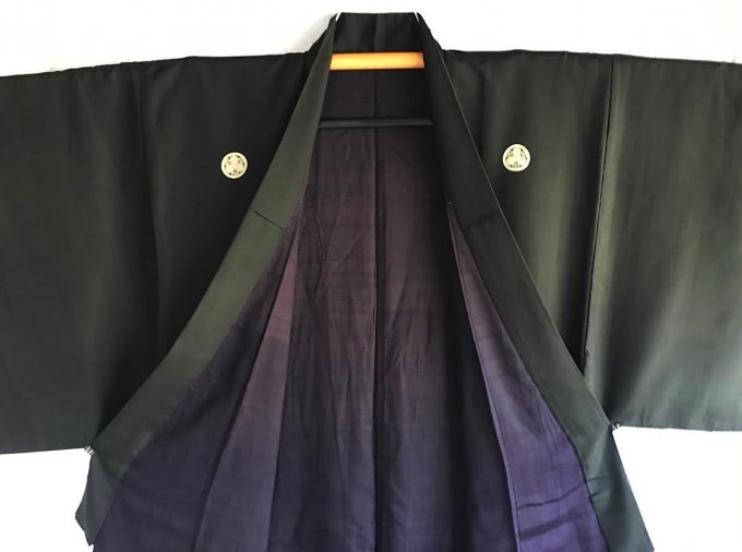 Set Antique Haori & kimono traditionnel japonais soie noire Mitsukashiwa Montsuki homme 