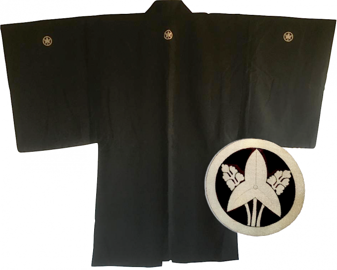 Antique veste kimono haori samourai soie noire Maruni Omodaka Montsuki Made in Japan