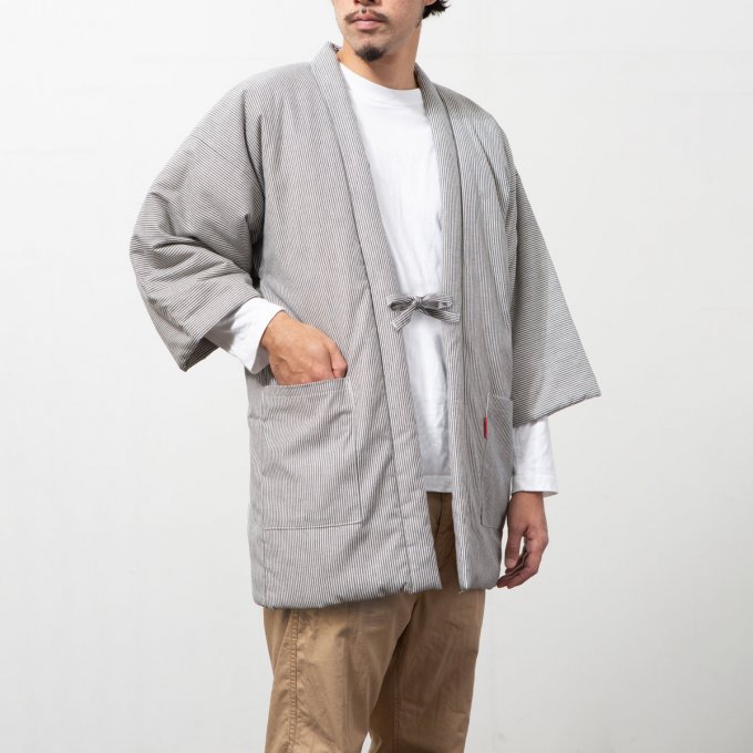Kimono Hanten strip blanc gris hiver Made in Japan   
