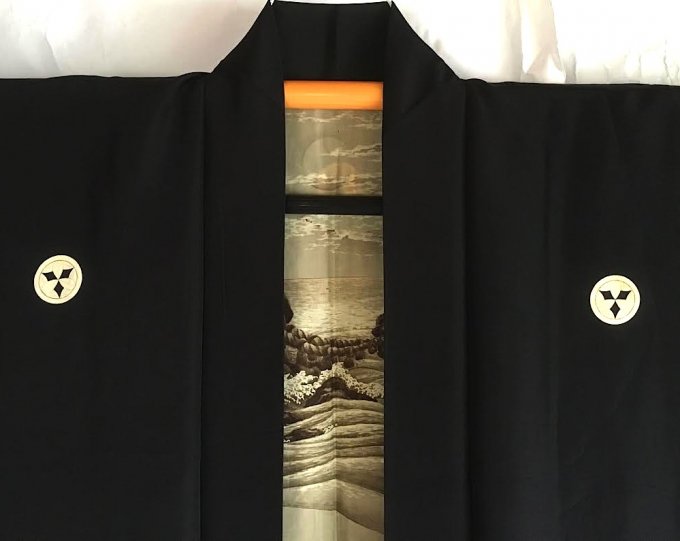  Antique veste kimono Haori soie noire Meoto Iwa Kamon clan samourai Takenaka homme "Made in Japan" 