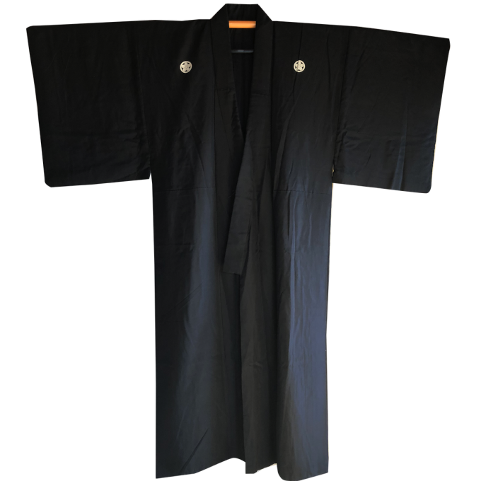 Ancien kimono samourai Maru Ni Umebachi Montsuki soie noire homme