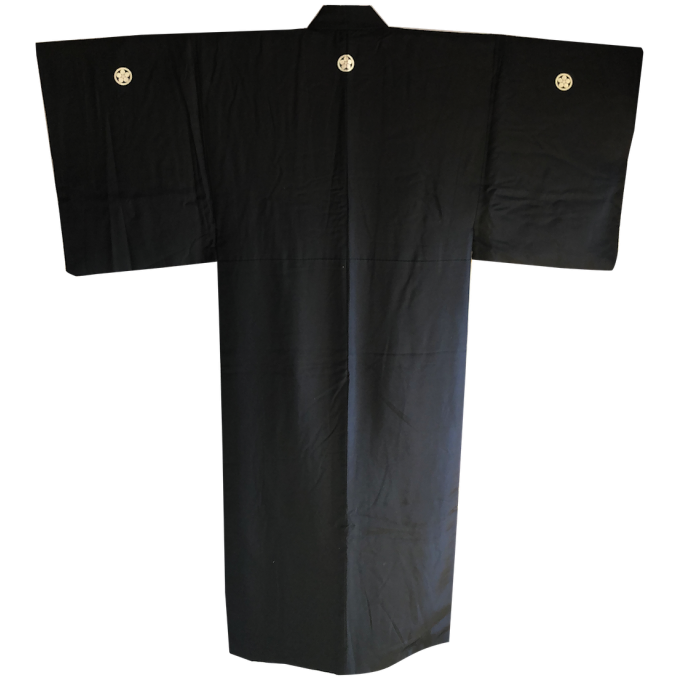 Ancien kimono samourai Maru Ni Umebachi Montsuki soie noire homme