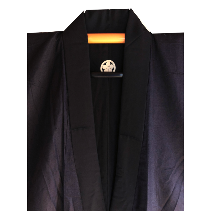 Ancien kimono samourai Maru Ni Umebachi Montsuki soie noire homme