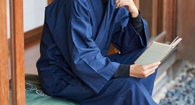 Samue japonais  en coton supérieur bleu marine & gris Kurume  "Made in Japan" 