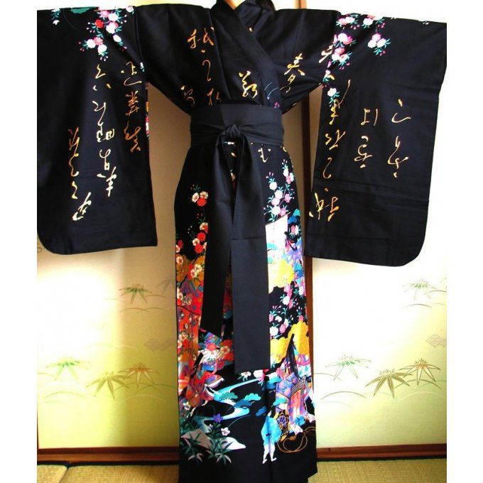 Kimono japonais Geisha Sakura noir coton satin femme "Made in Japan"