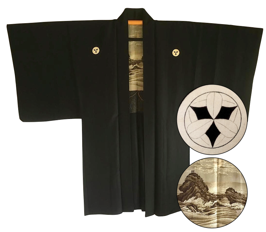  Antique veste kimono Haori soie noire Meoto Iwa Kamon clan samourai Takenaka homme "Made in Japan" 