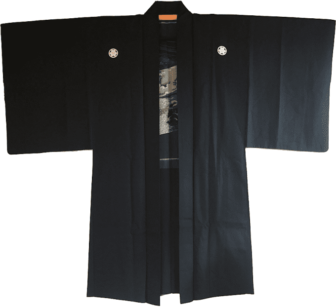  Antique veste Kimono Haori soie noire Montsuki Meoto Iwa Ise homme