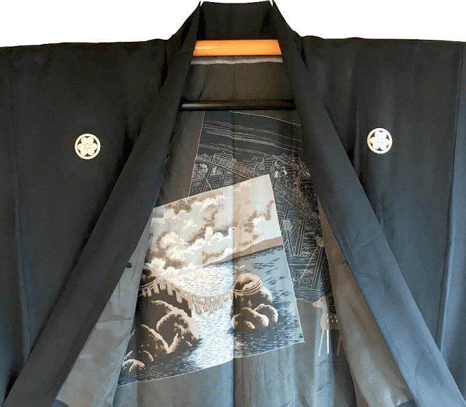  Antique veste Kimono Haori soie noire Montsuki Meoto Iwa Ise homme