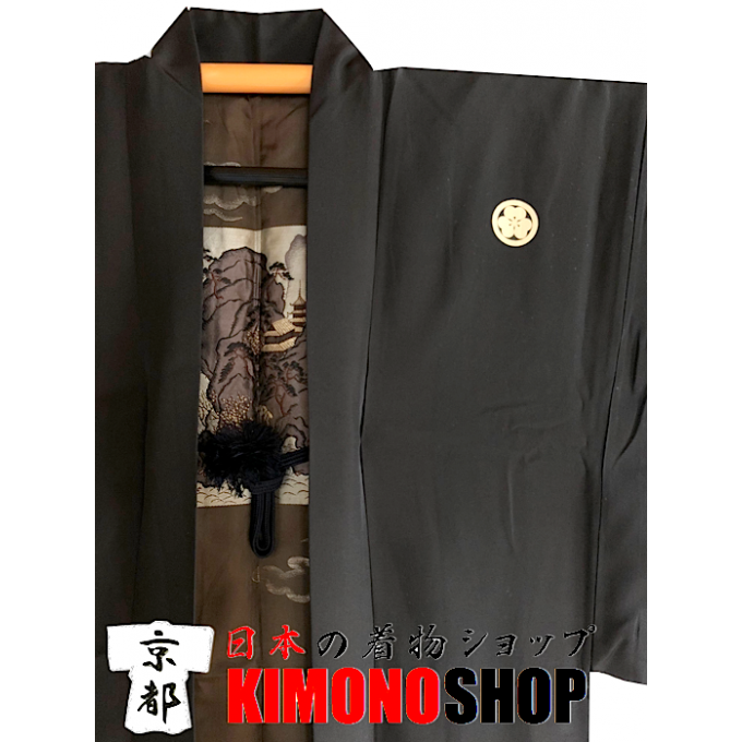 Ancien haori samourai San Sui Ga Katabami Montsuki soie noire homme "Made in Japan"