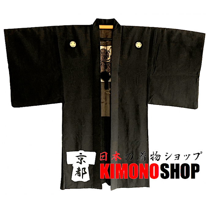 Ancien haori samourai San Sui Ga Katabami Montsuki soie noire homme "Made in Japan"