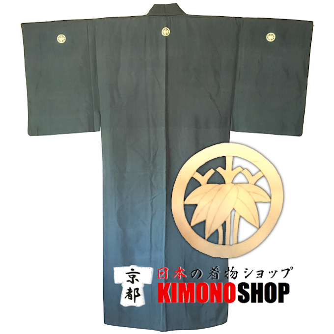 Ancien kimono samourai Maru Sasa Montsuki soie bleu homme