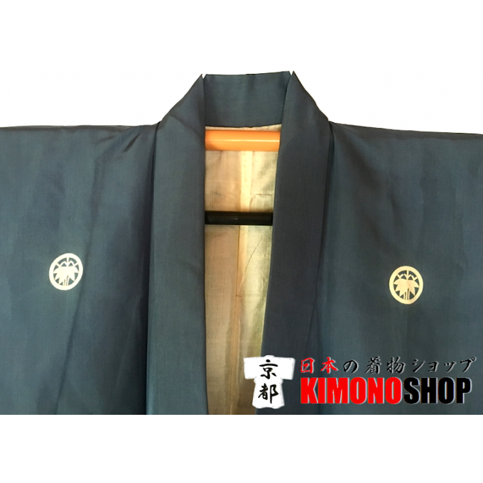 Ancien kimono samourai Maru Sasa Montsuki soie bleu homme