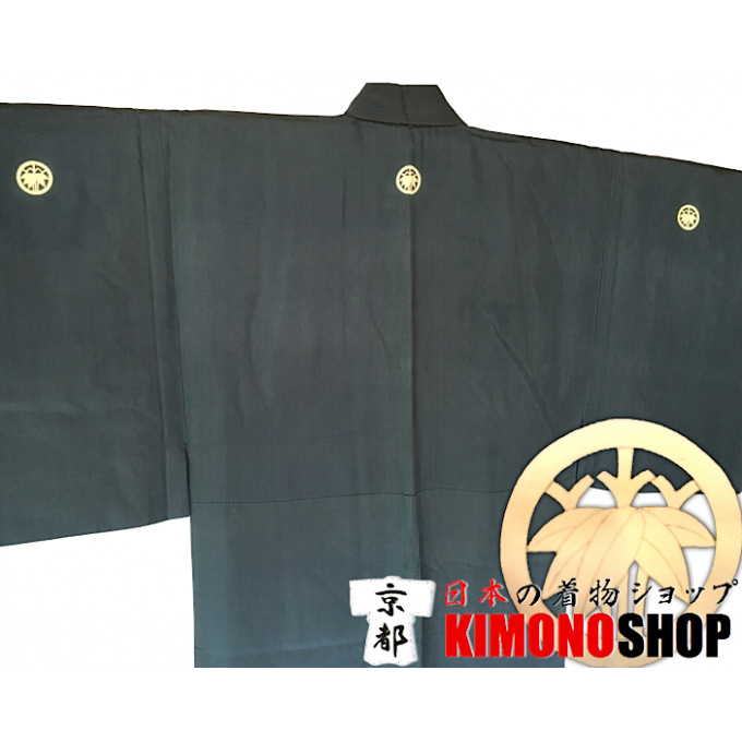 Ancien kimono samourai Maru Sasa Montsuki soie bleu homme