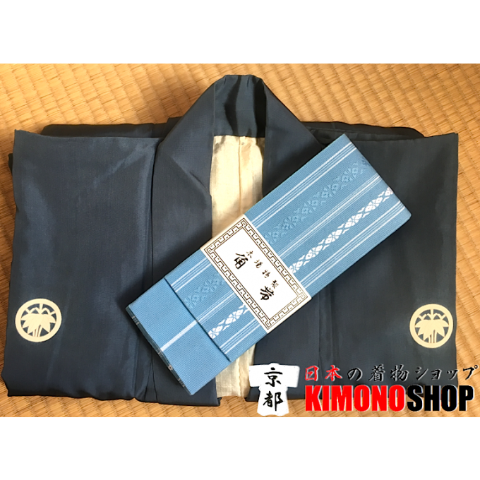 Ancien kimono samourai Maru Sasa Montsuki soie bleu homme