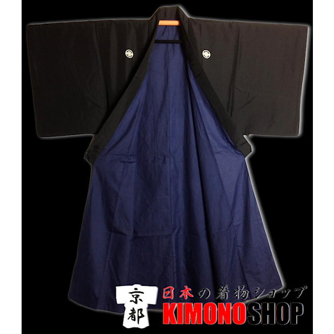 Ancien kimono samourai soie noire Mokko Montsuki homme