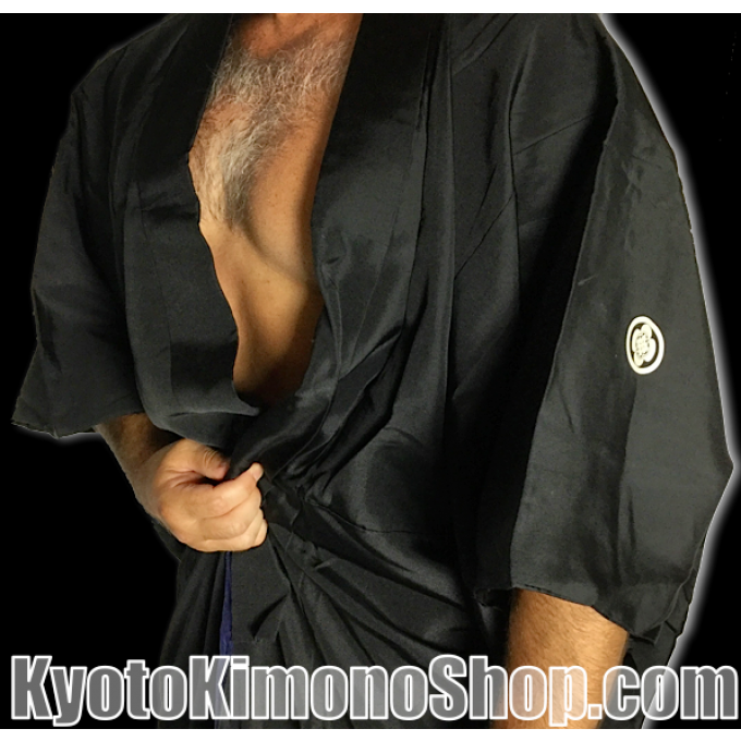 Antique kimono japonais samourai Iaido Kenjutsu soie noire Maruni Tsuru Kashiwa Montsuki homme