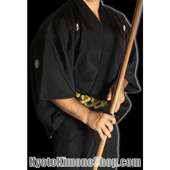 Ancien kimono samourai soie noire Mokko Montsuki homme