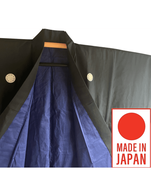 Antique kimono japonais soie noire Kenkatabami Montsuki homme 003