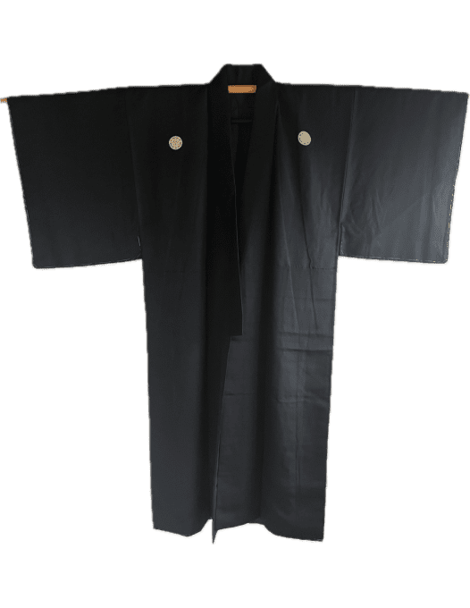 Antique kimono japonais soie noire Kenkatabami Montsuki homme 003