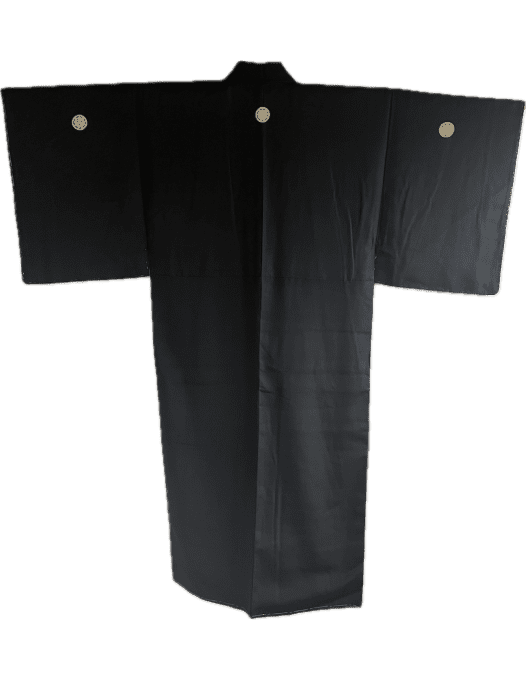 Antique kimono japonais soie noire Kenkatabami Montsuki homme 003