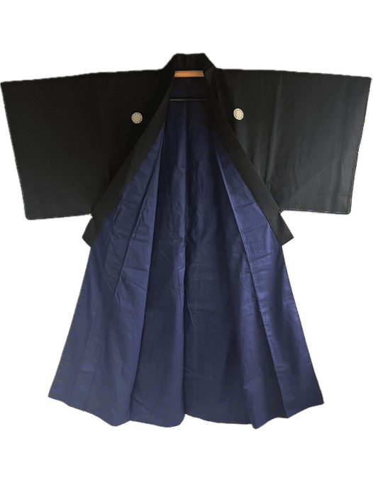 Antique kimono japonais soie noire Kenkatabami Montsuki homme 003