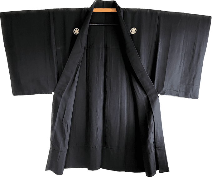 Antique haori japonais soie noire Tachibana Montsuki homme  - 