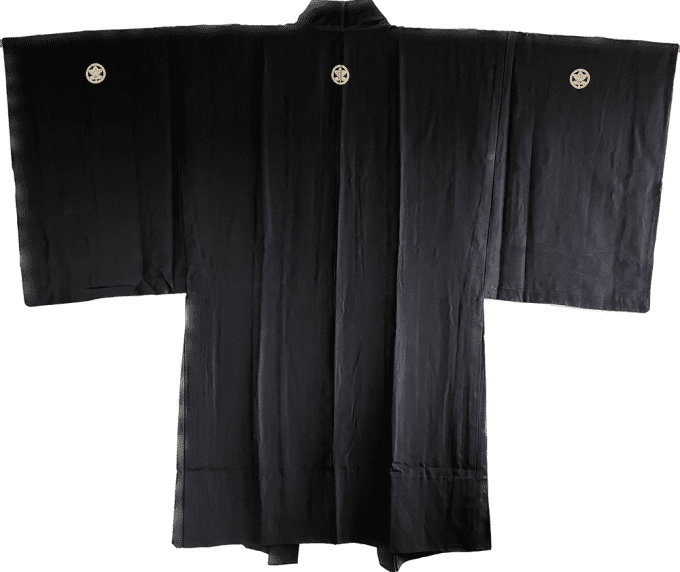 Antique haori japonais soie noire Tachibana Montsuki homme  - 