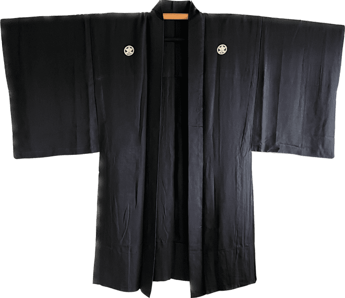 Antique haori japonais soie noire Tachibana Montsuki homme  - 