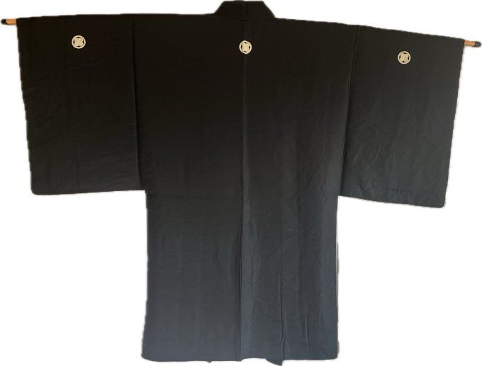Antique haori homme - soie noire - TakanoHane Montsuki - Paysage Rural Japonais 