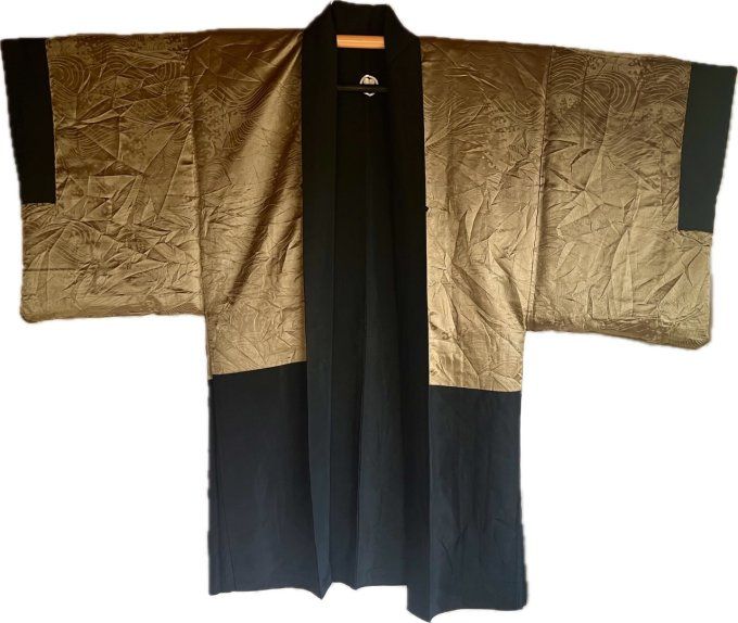 Antique haori homme - soie noire - TakanoHane Montsuki - Paysage Rural Japonais 