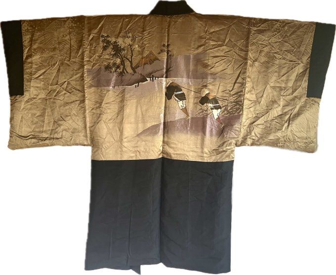 Antique haori homme - soie noire - TakanoHane Montsuki - Paysage Rural Japonais 