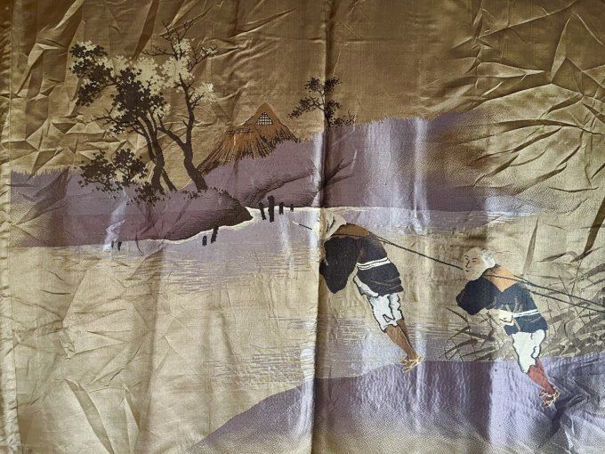 Antique haori homme - soie noire - TakanoHane Montsuki - Paysage Rural Japonais 