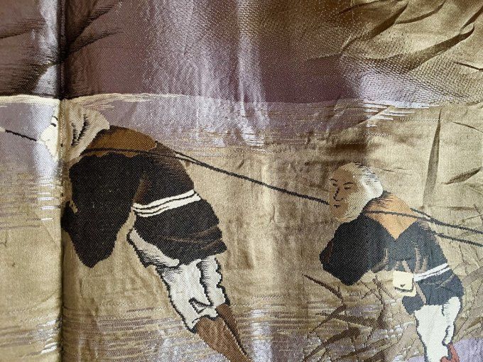 Antique haori homme - soie noire - TakanoHane Montsuki - Paysage Rural Japonais 