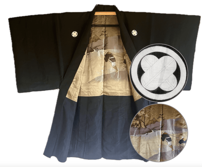 Antique haori homme - soie noire - TakanoHane Montsuki - Paysage Rural Japonais 
