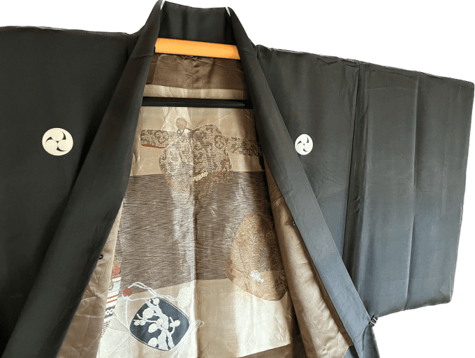 Antique Haori homme - soie noire - Tomoe Montsuki- Ocha Dogu - Made in Japan