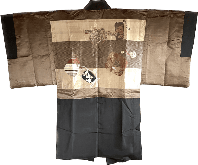 Antique Haori homme - soie noire - Tomoe Montsuki- Ocha Dogu - Made in Japan