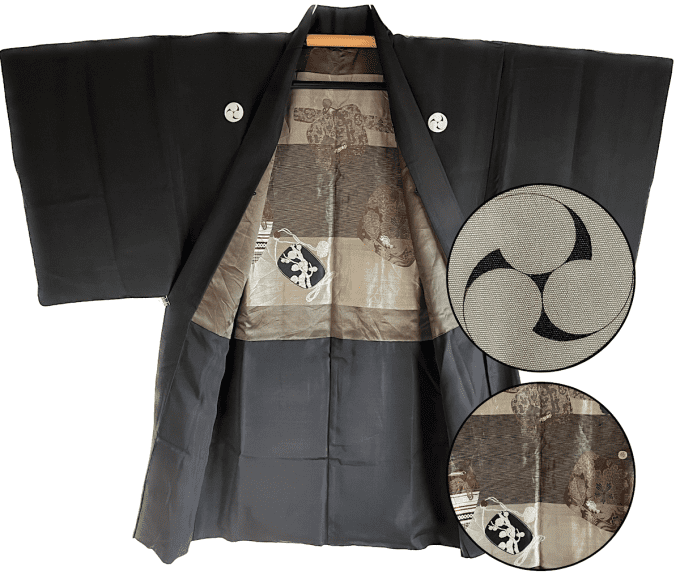 Antique Haori homme - soie noire - Tomoe Montsuki- Ocha Dogu - Made in Japan