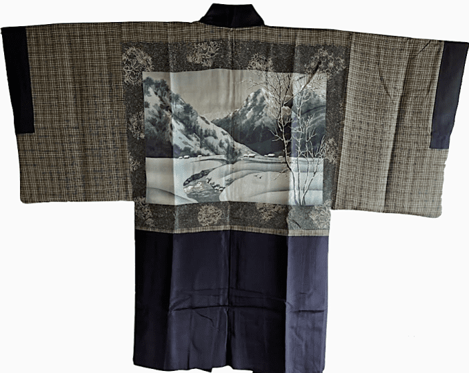 Antique haori japonais soie noire Montsuki Nihon Keikoku Vallée japonaise homme  