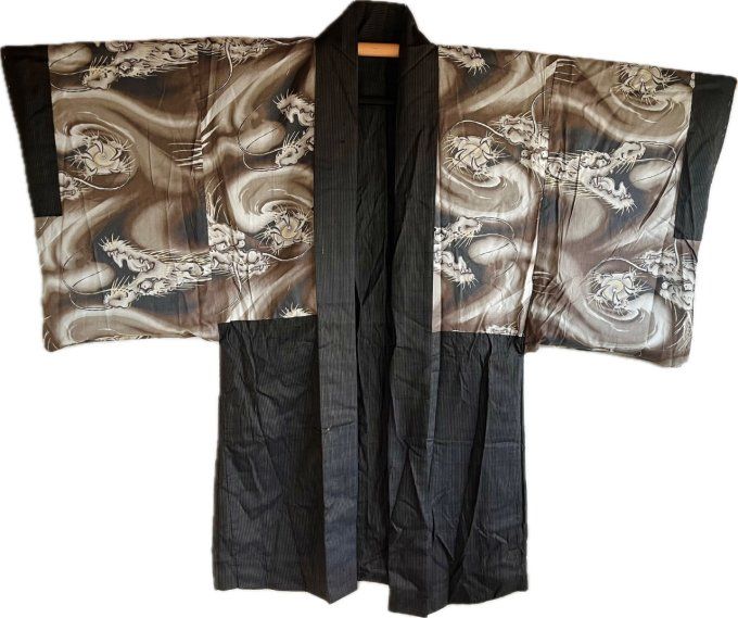 Antique Haori  homme soie marron - Dragon divin
