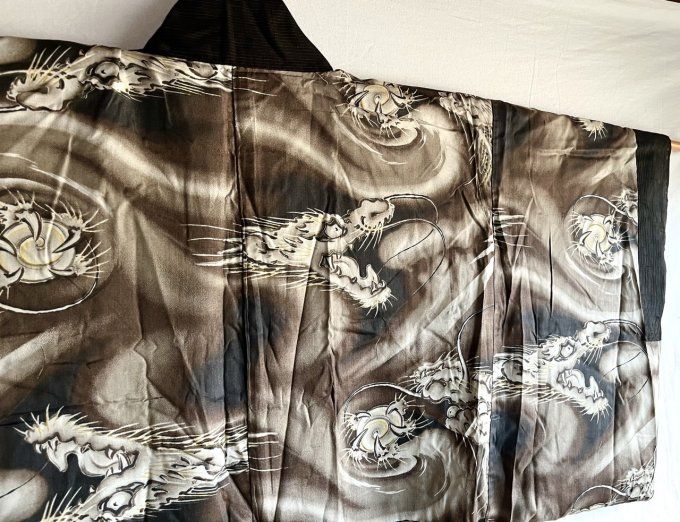 Antique Haori  homme soie marron - Dragon divin