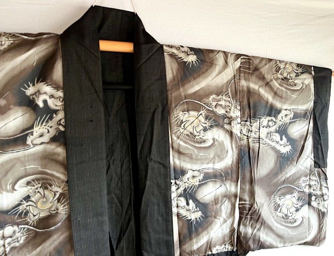 Antique Haori  homme soie marron - Dragon divin