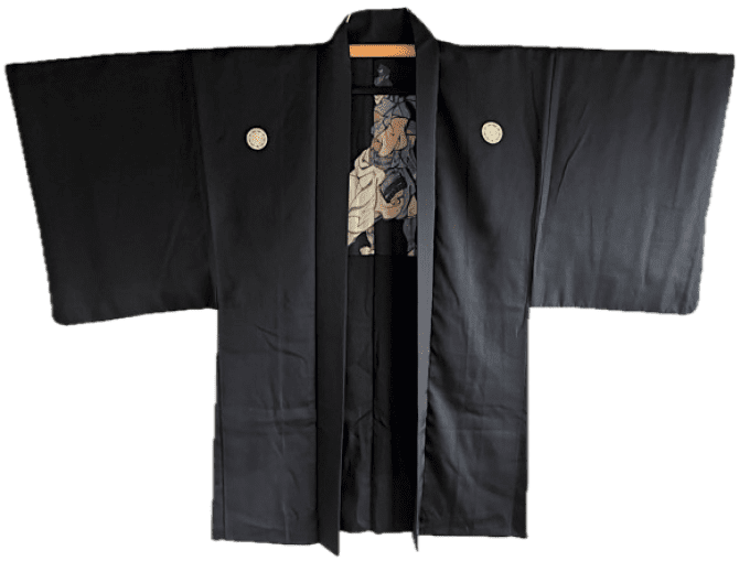Antique Haori homme soie noire Kamon Kenkatabami SEPPUKU